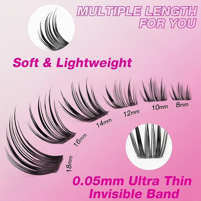 VEYESBEAUTY Crown Lash Clusters Kit Individual Lash Extensions Eye-Catching Series DIY Dramatic Eyelash Wispy Faux Mink Lash Mixed Length Tray with Bond & Seal, Applicator at Home