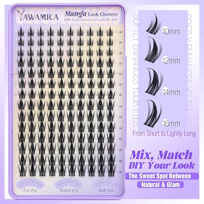 Yawamica Manga Lash Clusters Spiky Eyelash Clusters Wispy Lash Extensions 10-16mm Fairy Individual Lashes C Curl DIY Anime Lashes for Cosplay & Daily Wear
