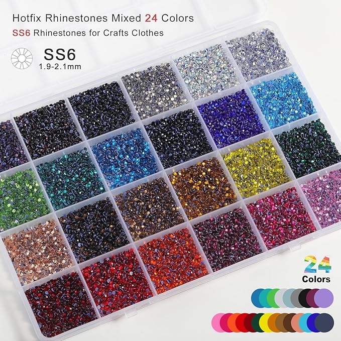 BEADSLAND Hotfix Rhinestones Mixed 24 Colors, SS6 Rhinestones for Crafts Clothes, Hotfix Crystals with 1 Tweezers, 1 Wax Pencil and 1 Spoon