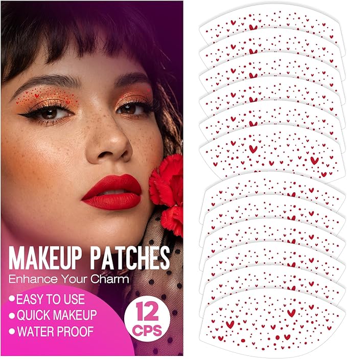Valentine's Day Eye Speckles & Glitter Freckles Makeup Patches with Red Heart Designs, Cute Makeup Accessories for Women, Cosmetic Glitter for Face(6 Pairs)