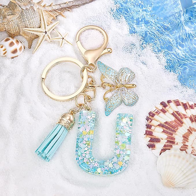 Fashion Alphabet Initial Letter Keychain Tassel Butterfly Pendant Key Ring for Purse Handbags Women Girl