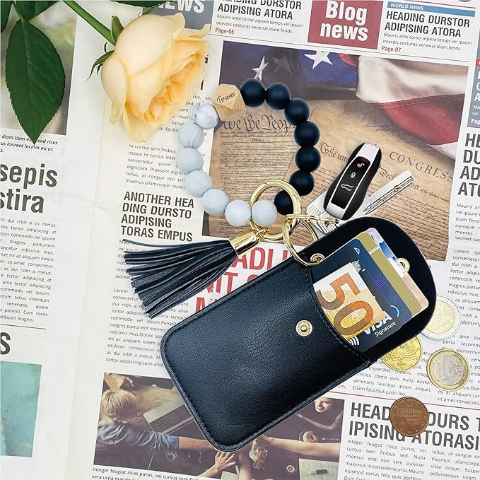 Keychain Wallet Wristlet Small Credit Card Holder Bracelet Key Chain Purse Bangle Tassel Beads Key Rings for Women
