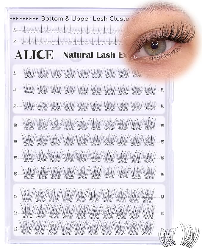 ALICE Natural Short Lash Clusters 8-12mm Eyelash Clusters Wispy Cluster Eyelash Extensions Clear Band Individual Lashes with 5-6mm Bottom Lashes
