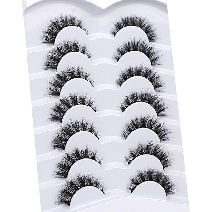 Pooplunch False Eyelashes Cat Eye Lashes Natural Clusters Short 8D Volume Wispy Faux Mink Lashes Fake Eyelash Strips 7 Pairs Pack