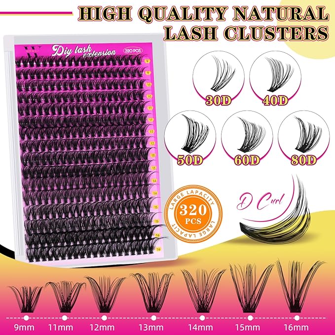 Lash Clusters 320PCS Individual Lashes D Curl Eyelash Clusters Mixed Length Cluster Eyelash Extensions Clusters Lashes with Thin Band Soft False Eyelashes DIY at Home(40D,D-Mix9-16mm)