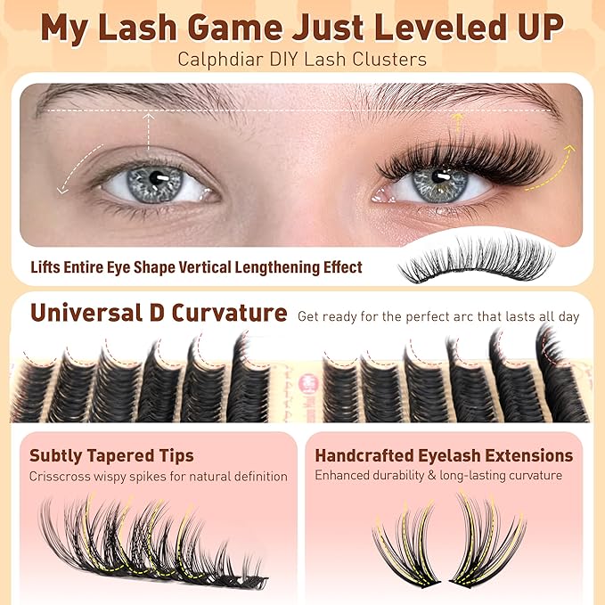 calphdiar Wispy Lash Clusters 30D+40D+50D+60D Individual Lashes 480PCS Eyelash Clusters Natural Volume Lashes Clusters D-curly Cluster Eyelash Extensions 8-18MM DIY Lash Extension at Home