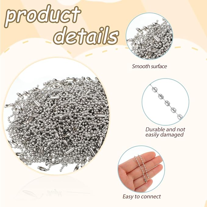 300 pcs 3.9 in Long Bead Connector Clasp Ball Chains Keychain, Beaded Chain Connector Chains for Keychains Stainless Steel Ball Bead Chain with Locking Clasp for Jewelry Making, DIY Crafts