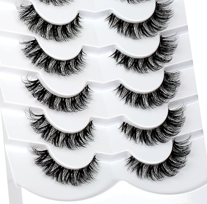 Pooplunch False Eyelashes Natural Clear-Band Cat Eye Look Extensions Volume Cluster Lash Wispy Short Fake Eyelashes Faux Mink Strip Lashes 7 Pairs Pack