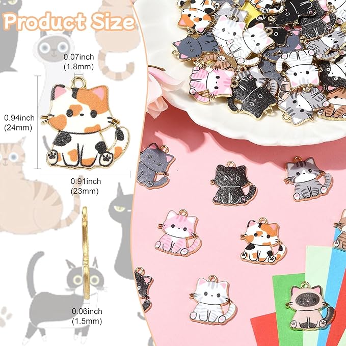 Stiesy 45 Pcs 9 Colors Enamel Cat Charms for Jewelry Making Kawaii Printed Kitten Animal Bracelet Charms for Jewelry Making Crafts DIY Necklace Earring