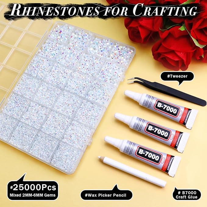 25000PCS White AB Jelly Resin Rhinestones, Mixed 2MM 3MM 4MM 5MM 6MM Flatback Rhinestone for Crafts Tumblers Bags Graduation Cap Celebration Makeup Bling Decoration with B7000 Glue