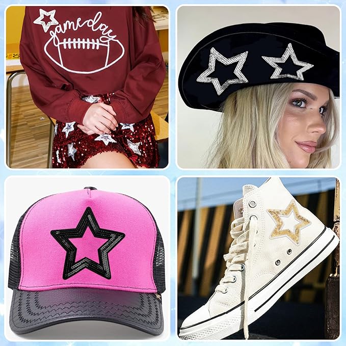 20pcs Hollow Star Iron on Patches - Sequin & Glitter Star Iron on Patches for Hats, Clothes, Backpacks, Costume