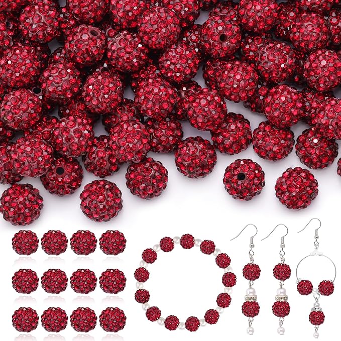 200 Pcs Dark Red Rhinestone Beads for Jewelry Making, Sparkle Crystal Clay Christmas for Bracelet Baseball Necklace Earring Crafting and DIY, Shiny Round Shamballa Disco Ball Beads Bulk