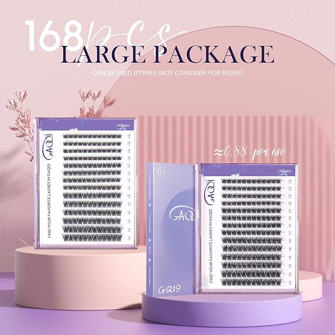 GAQQI Lash Clusters, GQ03 False Eyelashes DIY Lash Extensions C Curl 168PCS Cluster Lashes 14MM, Wispy and Natural Lash Wisps (GQ03,14mm,C Curl)