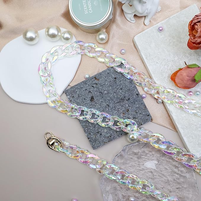 47.2"/120cm Acrylic Resin Chain Handles Bag Purse Detachable Decoration Chain with Buckles, Transparent Rainbow Color Multicolour