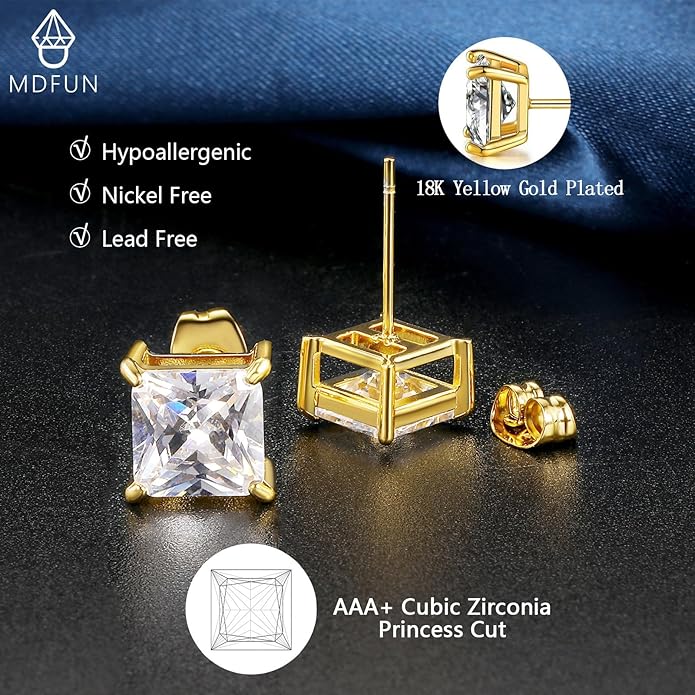 MDFUN 5 Pairs Square Earrings Set for Women Hypoallergenic 18K White Gold/Yellow Gold/Rose Gold Plated Princess Cut Clear Cubic Zirconia Stud Earring 3-7MM Pack of 5