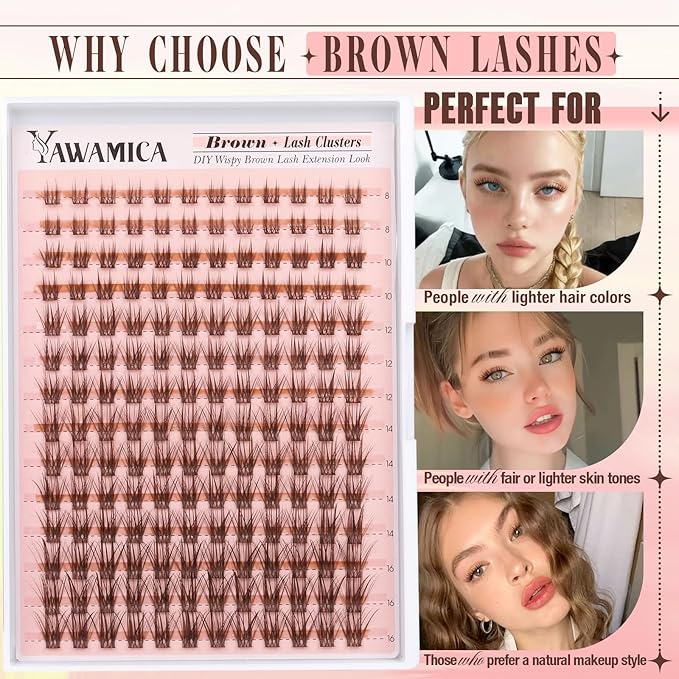 Brown Lash Clusters Wispy Eyelash Clusters Natural Brown Lashes 8-16mm Cluster Eyelash Extensions C Curl Individual Lashes DIY Lash Extension at Home by Yawamica