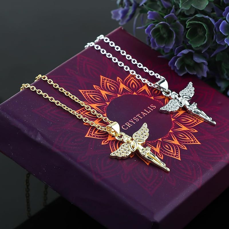 JOR Fairy Charm Pendant Necklace, CZ, Women Jewelry, Dainty Gold & Silver Plated Combo Chain 18 inch (Pack of 2)