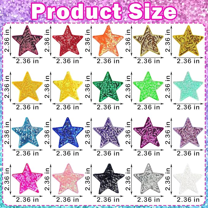 20Pcs Sequin Star Iron on Patches Glitter Stars Patches Embroidery Iron on Stars for Hats Clothes Backpacks Costume