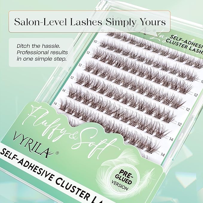 VYRILA Brown Self-Adhesive Lash Cluster Kit, Pre-Glued Clusters with Tweezers, Pop-On Faux Eyelashes, 3D Thin Band D Curl Natural Lahses, Easy to Apply, Reusable 0.05mm Eyelash Extensions (Hush-Brown)