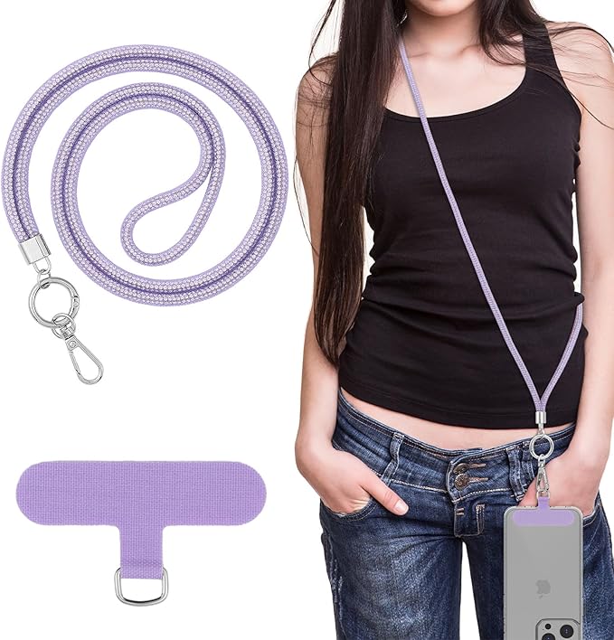 MoKo Universal Phone Lanyard, Metal Cell Phone Chain Crossbody Strap Anti-Theft Detachable Women Cellphone Lanyards Around The Neck with Patches for iPhone, Most Smartphones - Crystal Purple