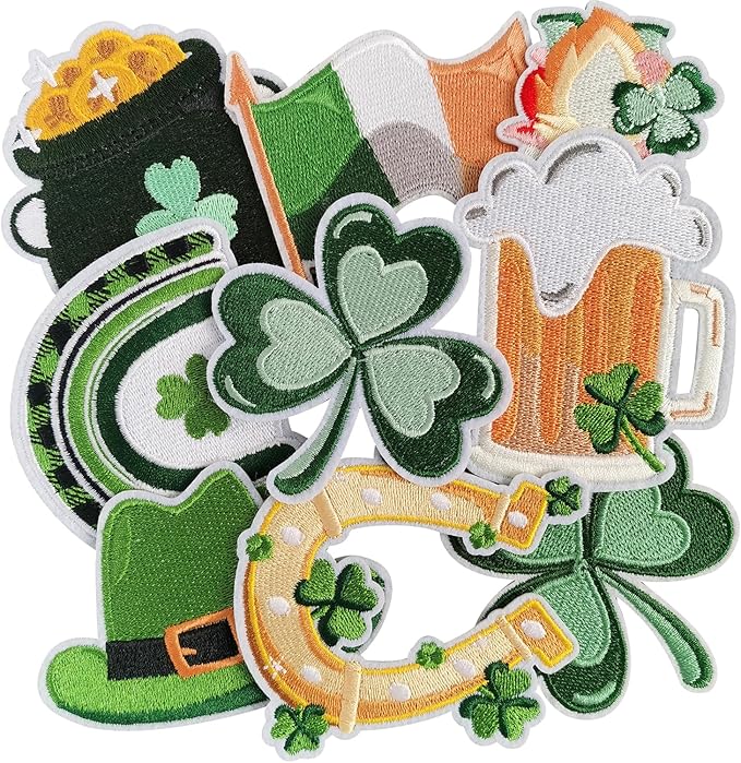 WILDREEDS 9 Pieces Assorted Styles St. Patrick's Day Iron on Patches, Irish Clover Lucky Shamrock Embroidered Patch for Clothing, T-Shirt, Backpacks, Hats, Jeans, Jackets