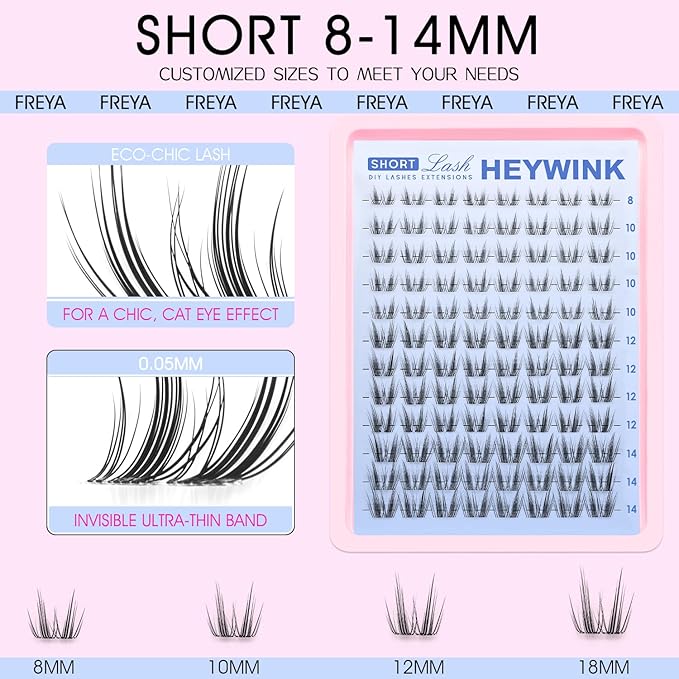 Freya Lash Clusters Kit Short 8-14mm Wispy Eyelash Clusters DIY Eyelash Extension Kit Spiky Cat Eye Lashes Individual Fake Eyelashes Clusters with 0.05mm Thin Invisible Lash Band(Freya Short Kit)