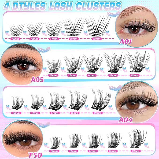 Lash Clusters Kit 576pcs, Natural Wispy DIY Eyelash Lashes Clusters Extensions Kit, 10-18mm D Curl with Lash Glue, Brush Tweezer and Remover