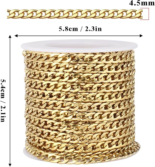 16.5 Ft Stainless Steel Curb Chains, 5mm 6mm 7mm 9mm Cuban Chain Roll Bulk for Jewelry Making