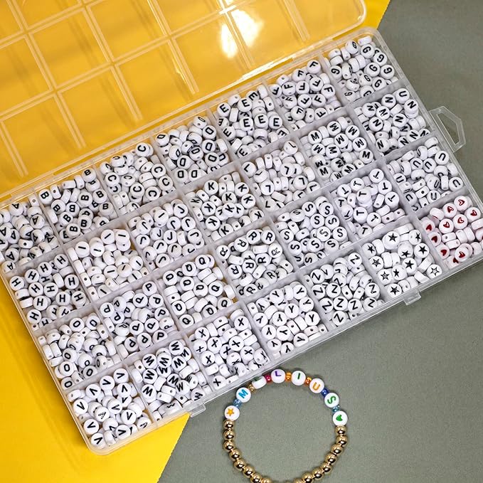 Melius Acrylic Letter Beads, 1450 Pcs 4x7mm Round Alphabet Beads in 28 Grid Box for Jewelry Making, DIY Bracelets (4x7mm, White)