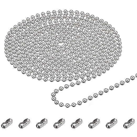 #10 Beaded Ball Chain (4.5mm) – 16.4 Feet Spool & 8pcs Connector Clasps for Roller Shade Chain, Vertical Window Blinds, Dog Tag Chain, DIY Projects, Plumbing and Industrial Equipment Labeling
