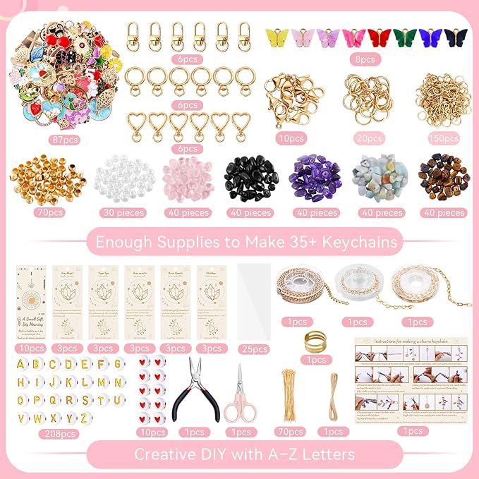 TOHONGADON 907 Pcs Keychain Making Kit, Bag Charm Kit with 5 Kinds of Crystal Stones, 343 Charms, 24 Keychain Clips, Key Ring Jewelry Plier, Extender Chain, Letter Beads for DIY Crafting