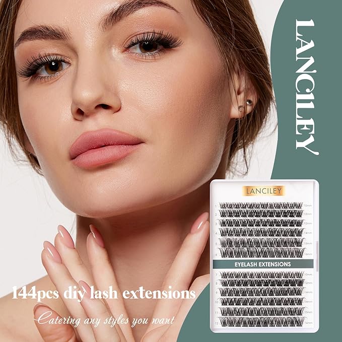 Lash Clusters 144pcs Volume Eyelash Clusters 10-16MM DIY Individual Lashes C Curly Eyelashes Manga Lashes Clusters Natural Cluster Eyelash Extensions Soft Thin Band Cluster Lashes for Beginners-DM01