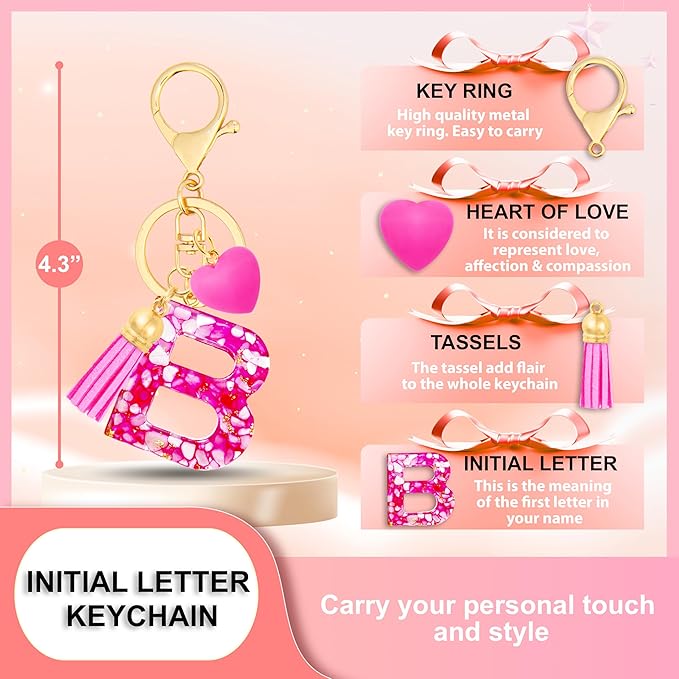 Initial Keychains for Women with Cute Heart Resin - Alphabet Letter Keychain for Bag, Backpacks, Purse or Car key