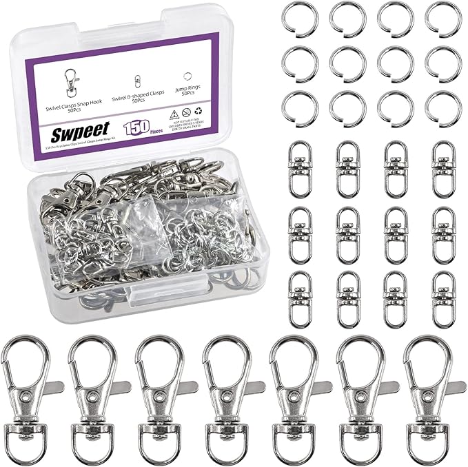 Swpeet Assorted 150Pcs Silver Keychain Making Kit, 50Pcs Swivel Lobster Claw Clasps, 50Pcs Rotating 8-Shaped Buckle Claw Clasp, 50Pcs Jump Ring, Swivel Trigger Hook, Swivel Clasps Lanyard Snap Hook