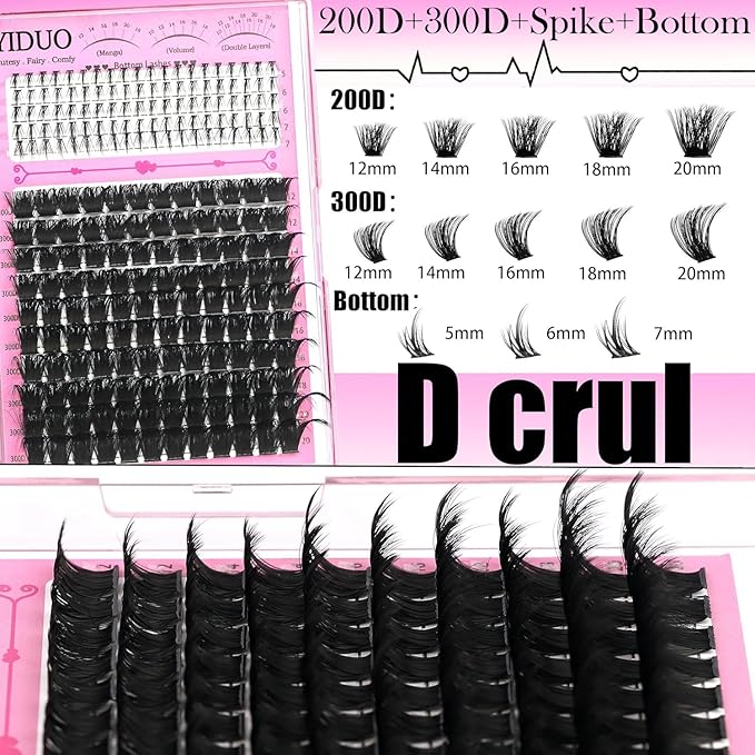 YIDUO 8 Styles Mix Lashes Clusters Kit 4 Box Cluster Lash Book Kit with Bond&Seal 1888Pcs 100D/200D/300D Volume Manga Eyelash Extension with Spikys/Bottom lash Kit for Beginners DIY at Home Easily