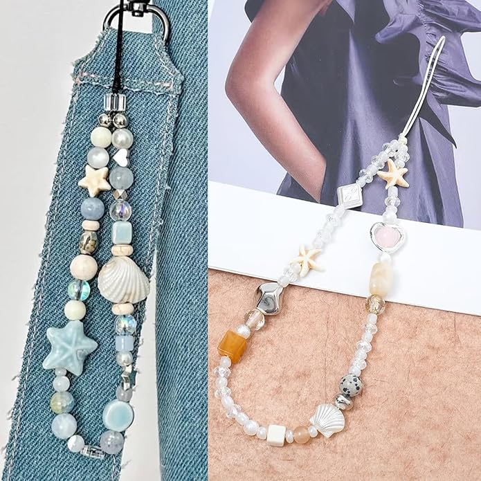 2 Pcs Phone Charm Strap Hand Universal for iPhone Wrist Strap Camera Lanyard Pearl Beaded Cute Chain String Accessories Universal for iPhone 17 Pro Max Samsung Women Girls Phones Bag Keychain