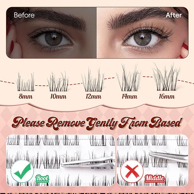 VYRILA Lash Clusters 0.05mm PBT Fiber Eyelash Clusters, 0.1mm Superfine Invisiband D Curl Diy Lash Extension, 80pcs 8-16mm Individual Lashes Clusters Like Eyelash Extensions (Divine-D-8-16Mix)