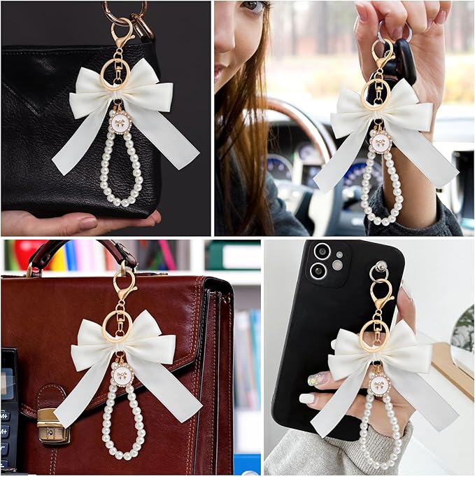 Joez Wonderful Pearl Bow Keychain, Cute Pink Bowknot & Pearl Keyring Charms, Aesthetic Keychain