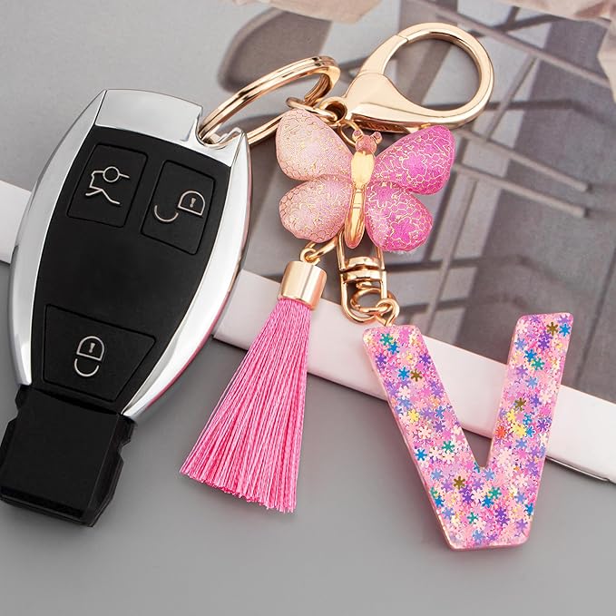 Suweibuke Cute Pink Key Chains for Women Girls, Initial Letter Keychains with Tassel, Charms for Key Purse Handbags Backpacks