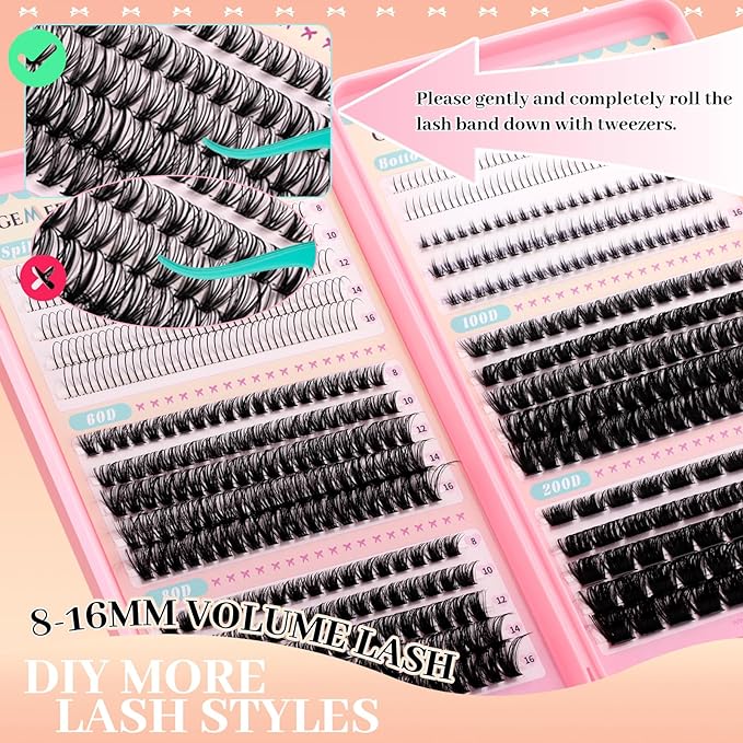 GEMERRY 4-in-1 Lash Clusters Spikes Clusters and 2 Styles Bottom Lashes 60D/80D/100D/200D Cluster Eyelash Extensions for DIY at Home(8-16mm)