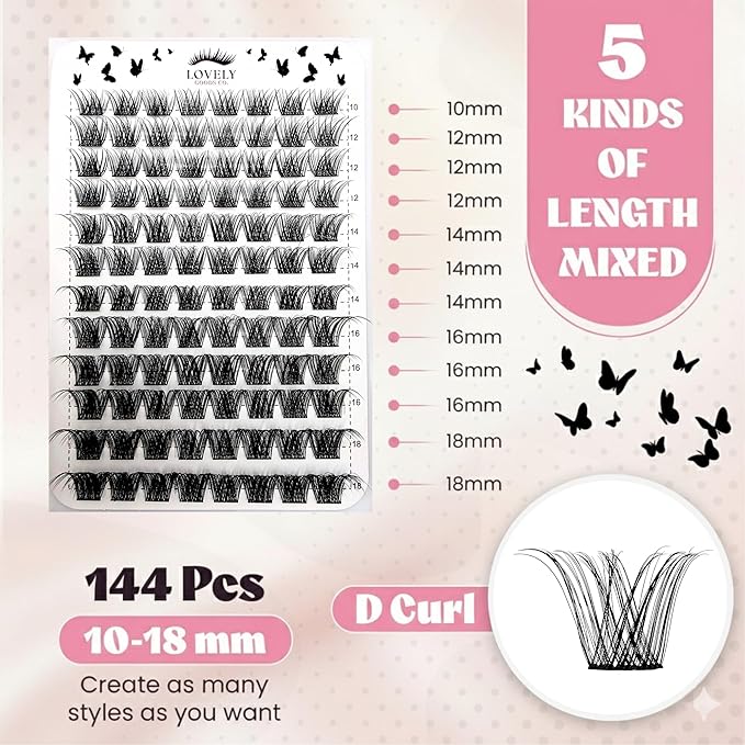 Lovely Goods Co. "Demure" Individual Volume Cluster Lashes, D Curl, Mixed Length 10-18mm, Soft and Comfortable