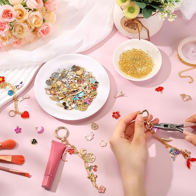 VioraWhite Lip Gloss Charm Kit Lip Gloss Keychain Making Kit Including Assorted Charms Keychain Clips Extender Chain(944 Pcs,Classic Style)