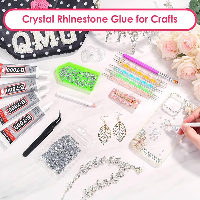 B7000 Glue Clear with Precision Tip, 4 Pcs 25mL Jewelry Bead Gem Tac Glue, Bedazzling Adhesive with Clear Rhinestones, Dotting Pen Tool for Jewelry Making Clothe Fabric Shoes DIY Crafts Nail Art
