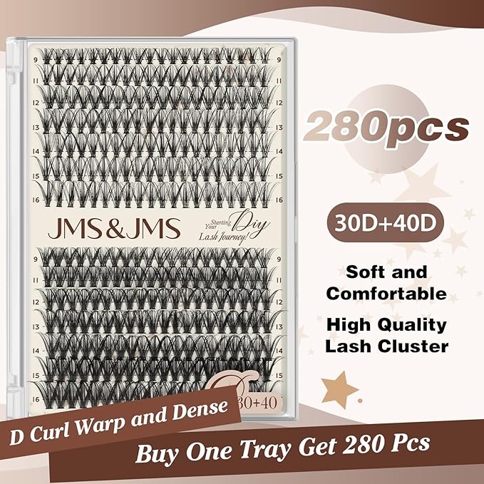 JMS&JMS DIY Lash Clusters 280pcs Individual Lashes D Curl Cluster Eyelash Extensions 30D+40D 9-16MIX Wispy Lash Extension at Home