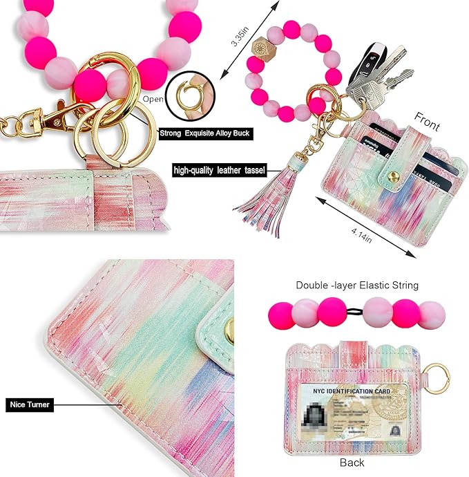 Keychain Wallet Wristlet Small Credit Card Holder Bracelet Key Chain Purse Bangle Tassel Beads Key Rings for Women