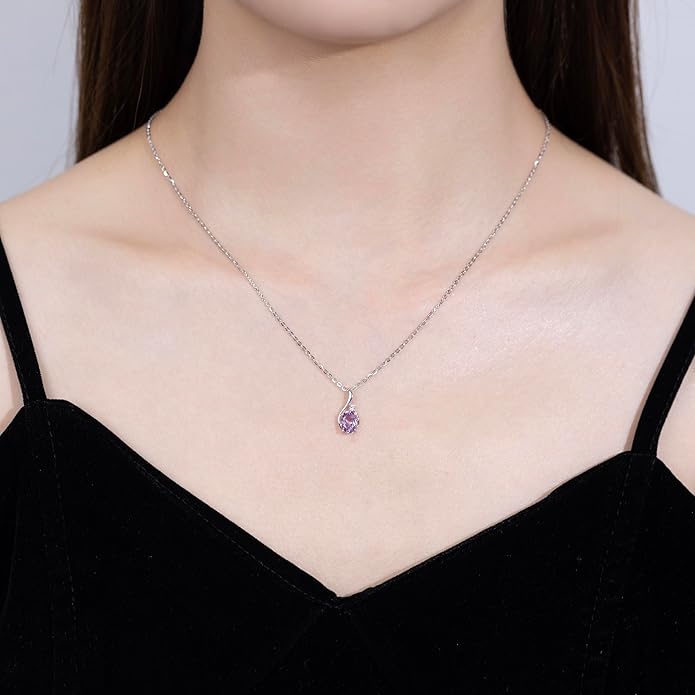 FANCIME 14K Solid White Gold Oval Gemstone Necklace with Diamond Pendant Gifts for Mom Women,16"+2" Inches