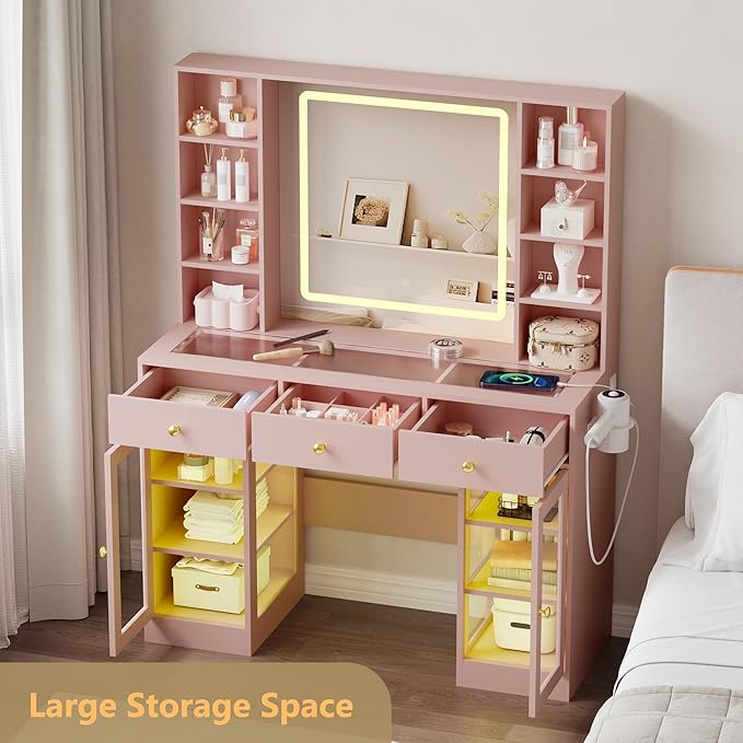 Vanity Desk with Mirror and Lights, White Makeup Vanity with Glass Top & Drawers, 3 Lighting Modes, Power Outlet, RGB Glass Cabinets, Modern Dressing Table for Girls, Women, Teens