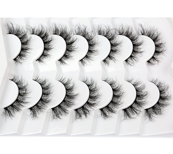 Pooplunch False Eyelashes Cat Eye Look Lightweight Natural Wispy 8D Volume Faux Mink Lashes Short Curly Fake Eyelash Strips 7 Pairs Pack