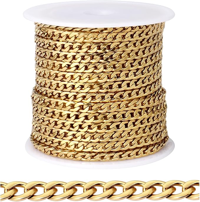 [33FT] 18K Gold PVD Plated Curb Chains for Jewelry Making, 3.5mm Wide 304 Stainless Steel Cuban Link Chain Roll Bulk for DIY Jewelry Making Craft