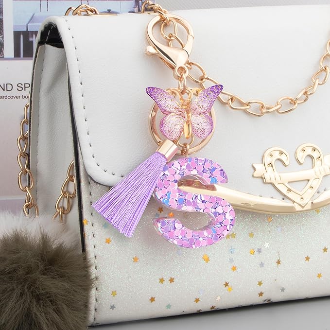 Initial letter Keychains for Women Girls Tassel Butterfly Cute Keychain for Wallet Backpack charm